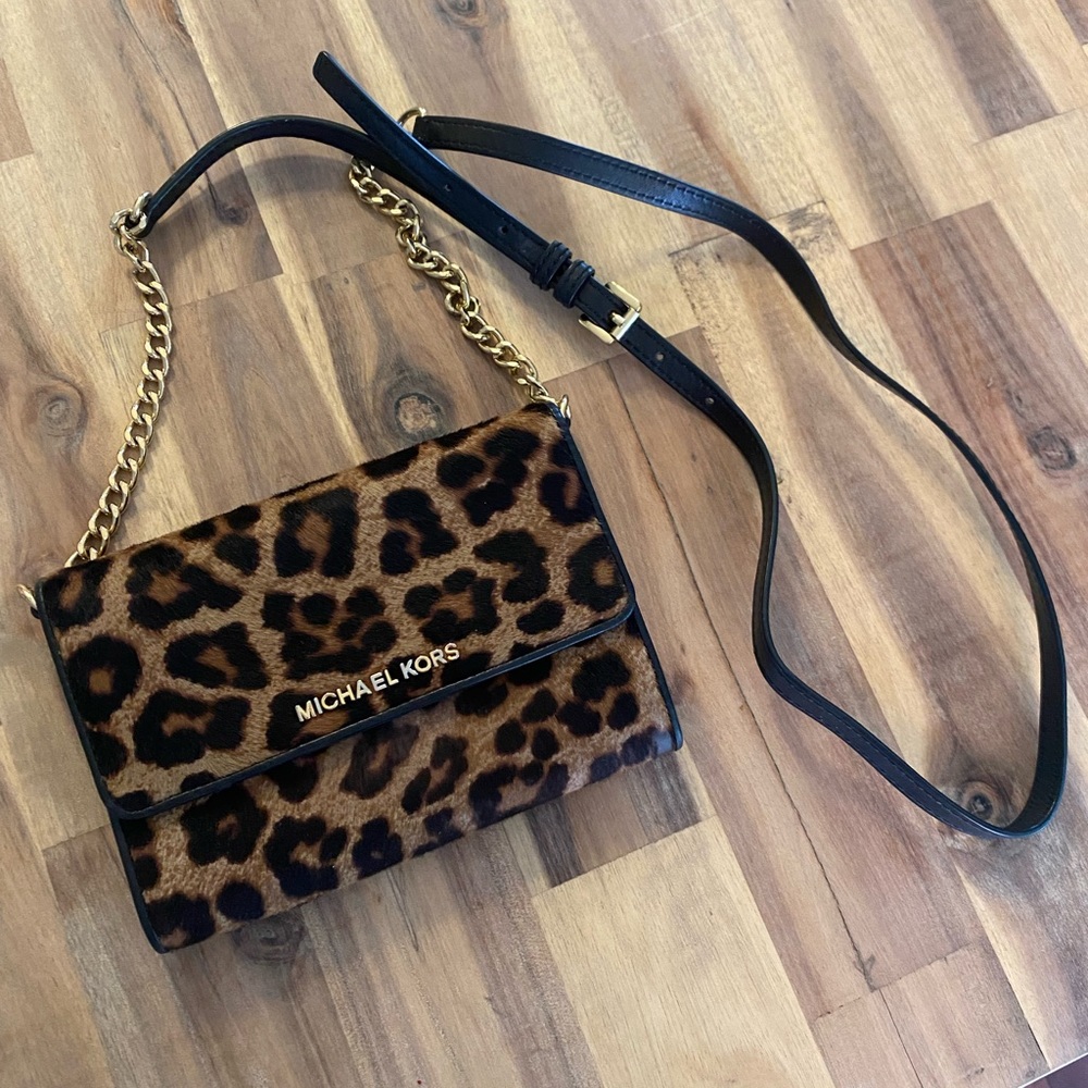 Michael Kors Fur Leopard Wallet on chain.